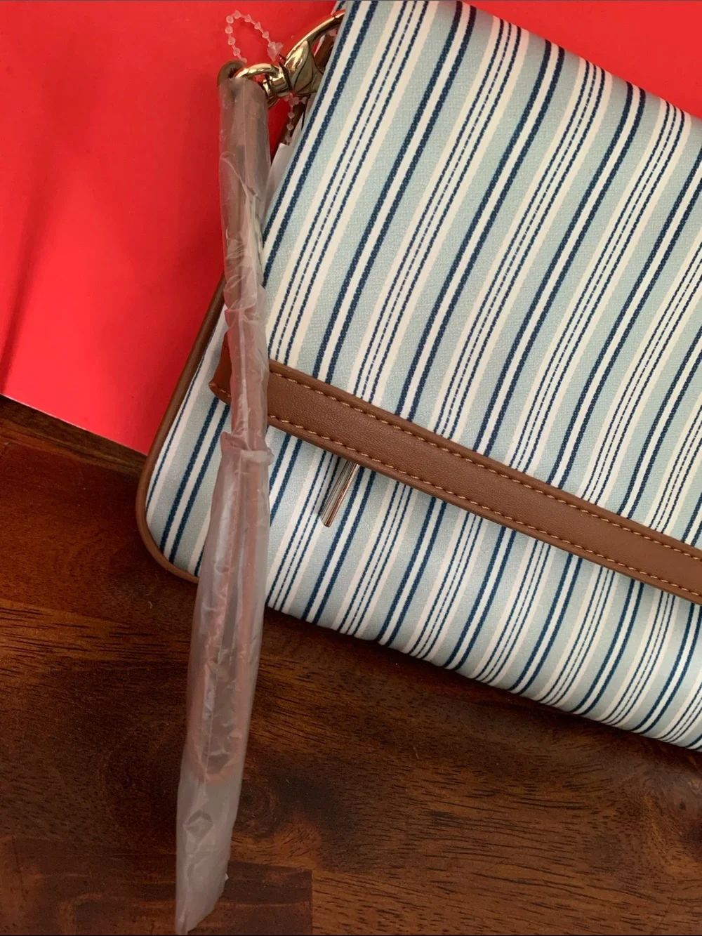 White House Black Market Blue and White Striped Fold-Over Clutch with Brown Trim - Picture 2 of 8